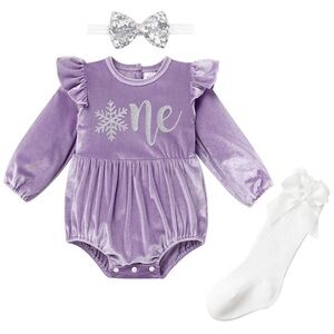 NWT IMEKIS Baby Girl 1st Birthday Winter Onederland Velvet Romper Purple 12-18M)